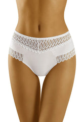 culotte taille haute blanche dentelle ajourée couvrante stretch coton élasthanne maintien léger confort quotidien bande large festonnée féminine romantique élégante