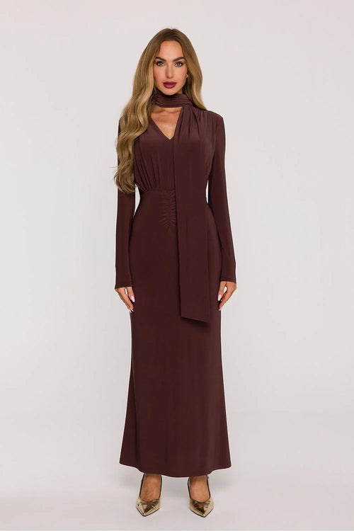 robe longue maxi soirée femme marron chocolat jersey extensible coupe ajustée manches longues encolure V foulard écharpe intégré