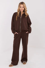 pantalon survêtement jambe large taille haute ceinture nouer poches latérales tissu stretch viscose polyester élasthanne chocolat loungewear confortable