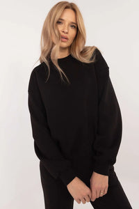 Sweatshirt Femme Style Décontracté Manches Longues Tissu Mixte Coton Polyester Coupe Amples Épaules Tombantes Ourlet Bord-Côte Noire Polyvalente Confort