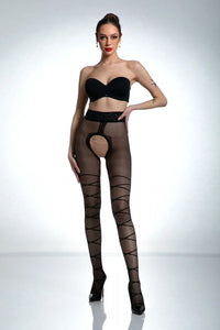 Collant Amour noir transparent design crisscross taille haute bande reinforce Italian bondage inspiration stretchy élégance confiance style mode femme