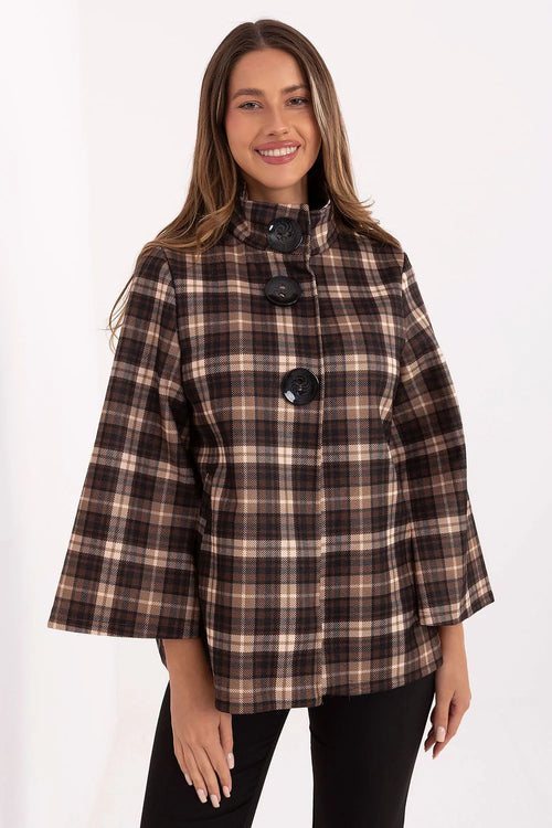 manteau femme court carreaux tartan marron beige noir coupe trapeze oversize col montant manches evasees boutons gros polyester