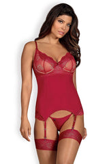 guêpière dentelle rouge sexy sophistiquée bretelles réglables armatures bonnets galbante microfibre extensible transparentes festonnées décolleté string assorti jarretelles glamour romantique