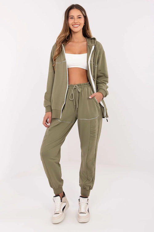 ensemble survêtement femme sweat zippé capuche pantalon jogger kaki coton élasthanne stretch taille haute cordon noué poches latérales