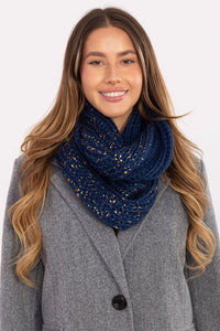 snood femme infinity maille grosse bleu marine fils dorés pailleté discret double tour tricot épais texturé chaud 65cm ajusté