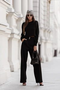 ensemble noir chic élégant confortable viscose elasthanne top court manches longues pantalon taille haute jambes larges palazzo