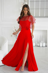 robe longue soirée gala rouge fendue évasée chiffon fluide bretelles fines tulle sequins manches papillon bolero pailleté rose appliquée ceinture