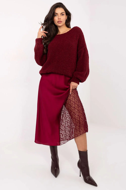 jupe sirène midi satinée bordeaux dentelle latérale fente taille élastique sans fermeture stretch polyester viscose élasthanne