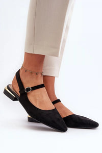 ballerines bride cheville réglable daim suédé écofriendly noir bout pointu talon bas carré insert métallique doré semelle rembourrée élégant femme