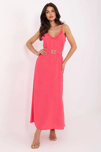 Robe d'été élégante corail longue bretelles décolleté V volant ceinture dorée robe jour femme confortable polyester