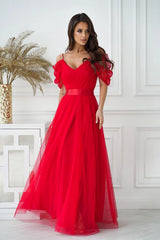 Robe longue élégante style espagnol manches plongeantes tulle bretelles fines ceinture satin fermeture éclair doublée femme