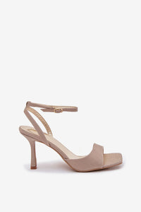 sandales talons aiguilles femme élégantes nude satinée scintillante bride cheville réglable boucle dorée large bride avant bout carré semelle rembourrée