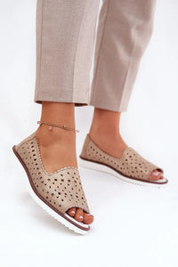 Ballerines femmes cuir naturel bout ouvert motif ajouré beige semelle cuir confort plateforme 2cm
