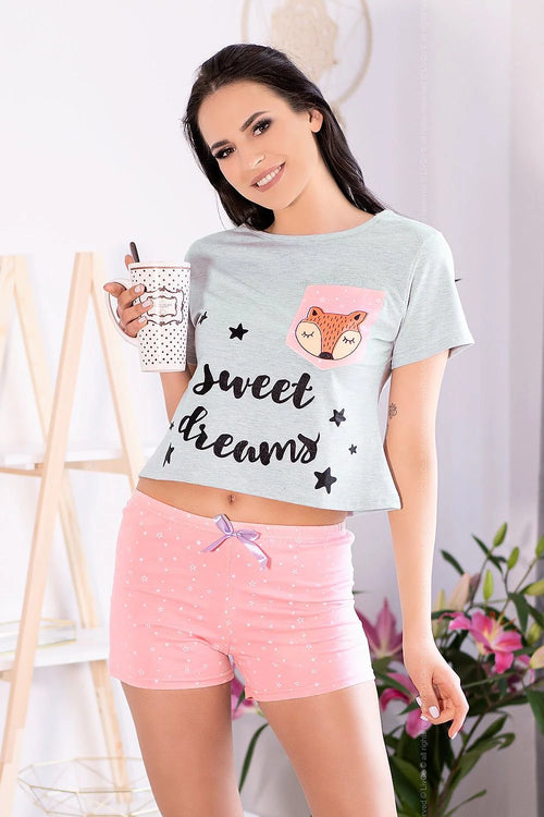Pyjama coton gris clair manches courtes col rond t-shirt court short élastique renard cartoon étoiles sweet dreams inscription