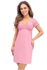 chemise nuit Donna satin viscose douce dentelle délicate col V corsage empire élastique poitrine manches courtes jupe droite fluide mini