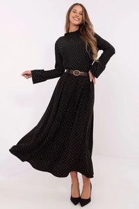 Robe longue élégante pour femme en viscose noire à pois blancs manches longues ceinture dorée slim fit