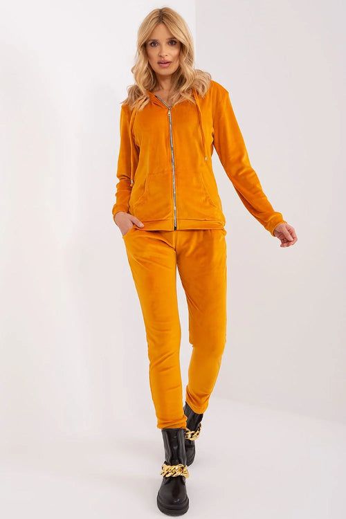 Ensemble deux pièces velours orange vif femmes veste capuche pantalon assorti mode moderne confort