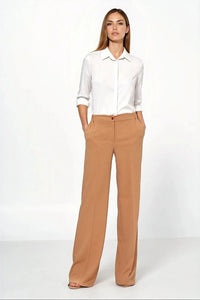 pantalon femme camel taille haute coupe large palazzo plis marqués centre crêpe fluide poches italiennes braguette bouton apparent