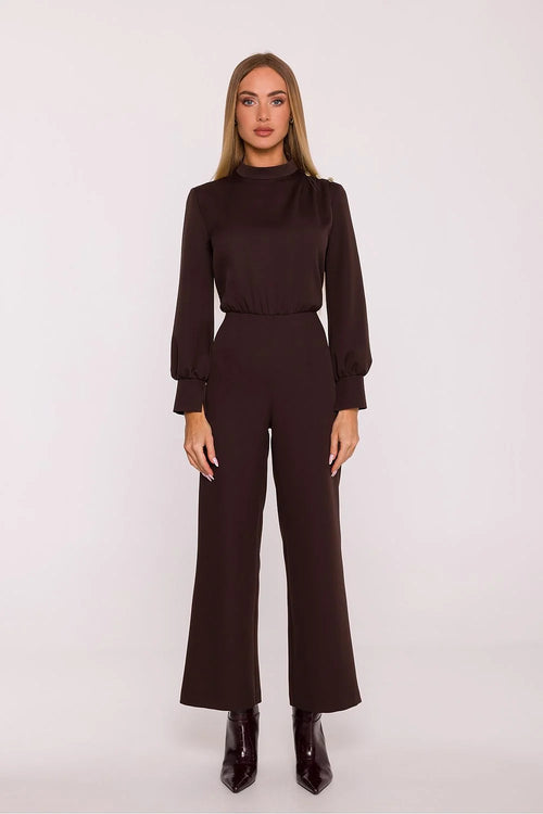 combinaison pantalon femme longue chic fluide col montant manches ballon resserrées poignets fendus boutons dorés épaule taille marquée jambe large