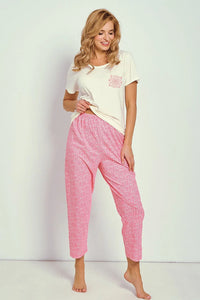 pyjama femme coton doux respirant manches courtes col rond coupe ample pantalon cheville motif mandala floral rose crème taille élastique