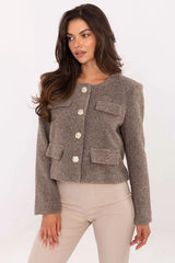 veste femme courte bouclée taupe sans col manches longues boutons dorés texturés quatre poches rabat polyester doublée coupe universelle élégante