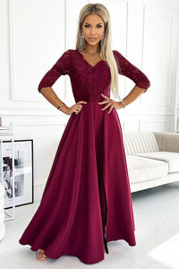 robe longue élégante manches longues dentelle bordeaux corsage floral décolleté V taille cintrée jupe évasée fente soirée mariage gala sophistiquée