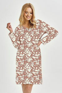 chemise nuit Taro mi longue coton imprimé floral ivoire vieux rose col V boutonnage manches longues coupe fluide