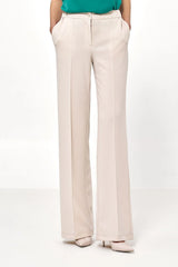 pantalon femme tailleur taille haute coupe large fluide beige crème jambe longue pli marqué effet allongeant