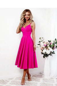 Robe de soirée élégante semi-formelle décolleté V taille ajustée jupe évasée fuchsia robe longue manches épaules nues occasions spéciales femmes