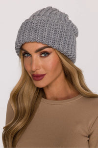 bonnet slouchy femme maille côtelée grosse tricotée épaisse gris clair revers replié coupe ample taille unique chaud confort acrylique nylon