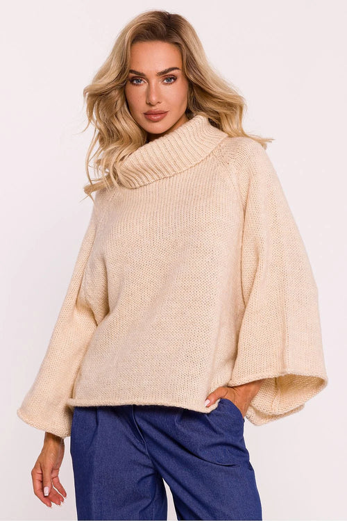 Pullover oversize femme col roulé design moderne polyacrylonitrile polyester beige ample manches larges casual semi formel pologne