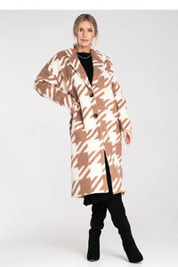 manteau long femme oversize midi pieddepoule beige lainage épais col cranté épaules tombantes boutons contrastants poches latérales fente coupe droite