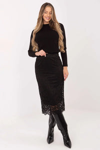 jupe midi crayon dentelle noire taille haute ajustée mi mollet ourlet festonné doublure opaque élastique confortable élégante polyester viscose féminine
