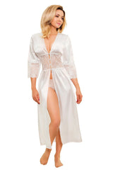 Peignoir Satin Blanc Élégant Dentelle Florale Manches Longues Fluide Femme Luxe Confort Glamour Détente