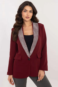 Veste blazer femme élégante longue col châle épaules structurées tissu mélange polyester viscose revers pailletés bordeaux argenté occasion formelle
