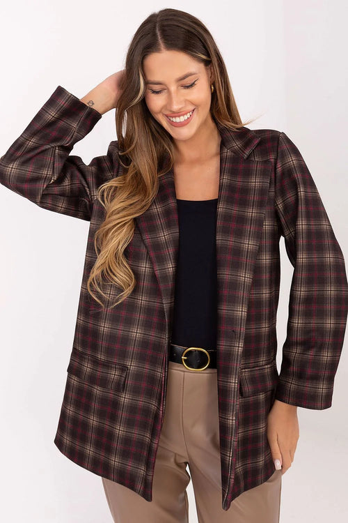 blazer femme carreaux tartan bordeaux marron beige coupe droite col tailleur manches longues doublée viscose polyester épaulettes structurée poches plaquées
