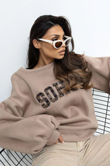 sweatshirt femme oversize col rond molleton épais taupe coupe boxy manches bouffantes fente dos spectaculaire motif léopard poitrine