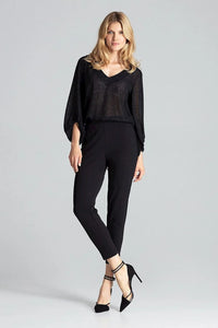 Pantalon femme noir brocart taille haute élasthanne polyester élégant fuselé semi-formel chic et confortable