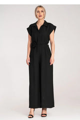 Combinaison noire élégante pour femmes, style minimaliste, coupe ample, jambes larges, manches courtes, ceinture florale, viscose 100%, moderne et sophistiquée