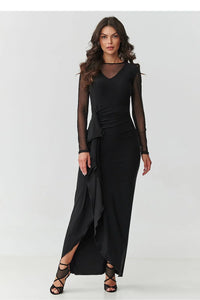 robe longue noire soirée maxi élégante féminine tulle transparent col V manches longues ajustée taille froncée drapé asymétrique fente avant
