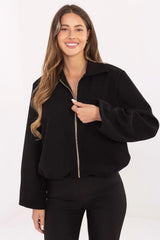 veste femme zippée blouson court boxy noir tissu structuré chaud col chemise manches larges ourlet froncé fermeture éclair métal doré