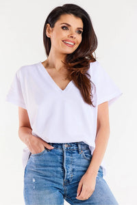 Chemisier femme blanc coton V-neck ample manches courtes minimaliste casual polyvalent mode Pologne confort