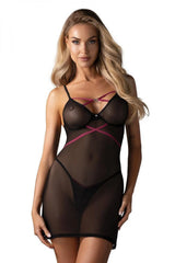 Babydoll sexy en tulle transparent noir et framboise bustier croisé décolleté V bretelles fines taille ajustable lingerie femme