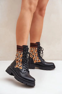 Bottines audacieuses femme cuir simili tissu motif léopard semelle épaisse lacées style urban chic talon 4.5 cm