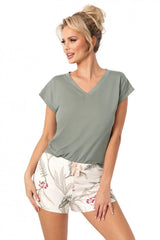 pyjama femme léger féminin jersey doux col V manches courtes coupe décontractée short imprimé botanique ivoire taille élastique nœud satiné