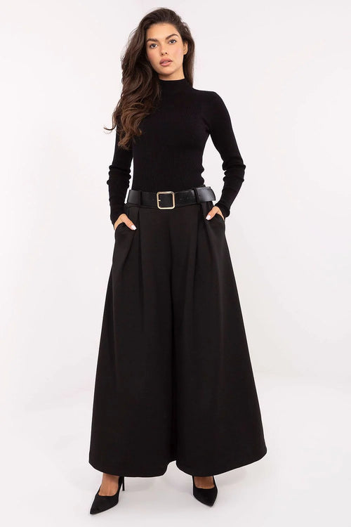 pantalon palazzo femme taille haute noir jambes extra larges plis marqués poches latérales ceinture boucle carrée dorée viscose polyester lisse
