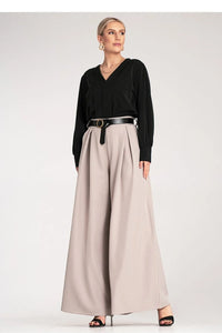 Pantalon femme Figl élégant style palazzo ceinture noire tissu délicat taille haute élastique jambes larges poches latérales Polyester 95% Élasthanne 5%