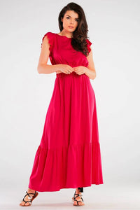 Robe rouge viscose femmes longue encolure ronde manches courtes volants taille élastiquée jupe ample ourlets mouvement style élégant