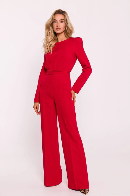 Combinaison rouge vif sans-bretelles épaulettes structurées manches longues encolure rond pantalon large silhouette ajustée fermeture glissière soirée femme