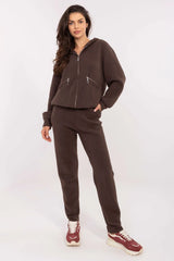 ensemble femme loungewear sweat capuche zippé poches veste courte pantalon taille haute ceinture nouée cheville resserrée doux bouclé marron angora